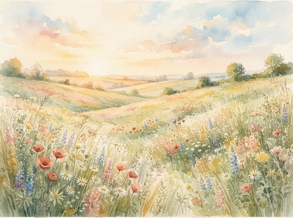 Watercolour of a sunlit wildflower meadow