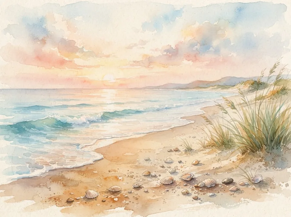 Watercolour of a calm seashore with gentle waves