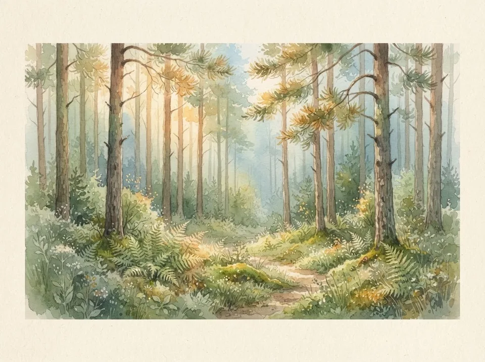Watercolour of a pine forest glade with dappled light