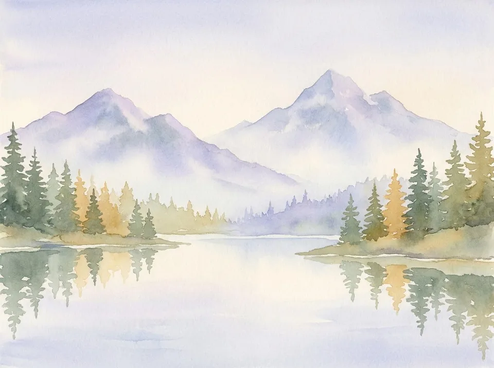 Watercolour of misty mountain peaks above an alpine lake