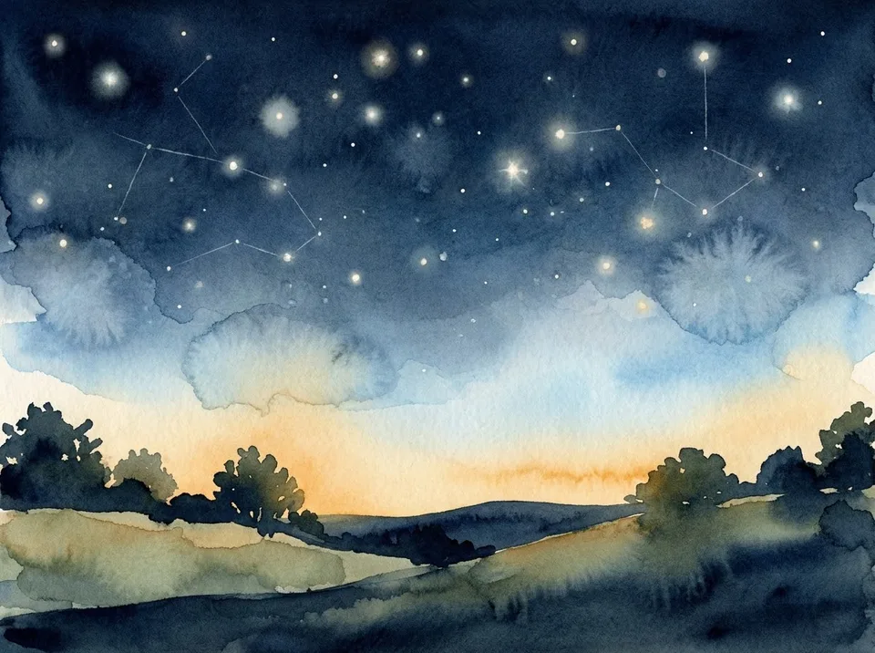 Watercolour of a deep indigo night sky full of stars